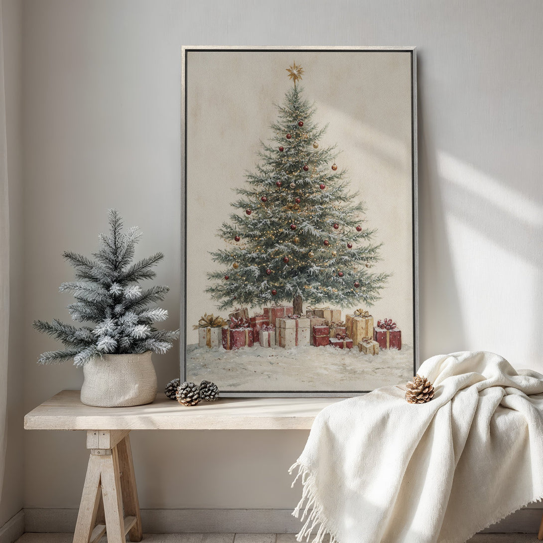 Framed Wall Art featuring a vintage Christmas tree painting. Warm, neutral color palette creates a cozy, inviting aesthetic for holiday decor.