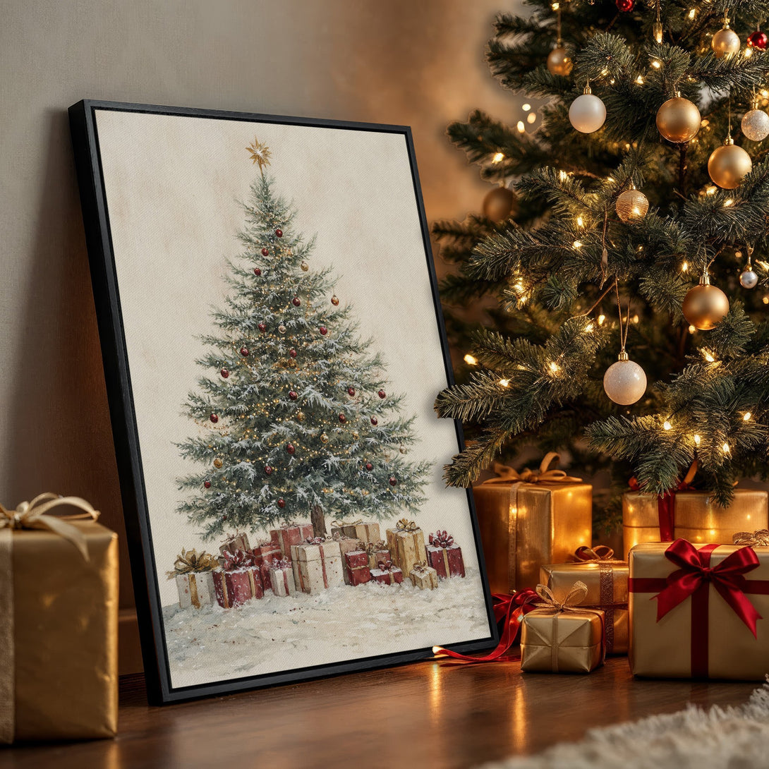 Framed Wall Art: Vintage Christmas tree painting in warm, inviting tones. Perfect holiday decor with a touch of nostalgia.