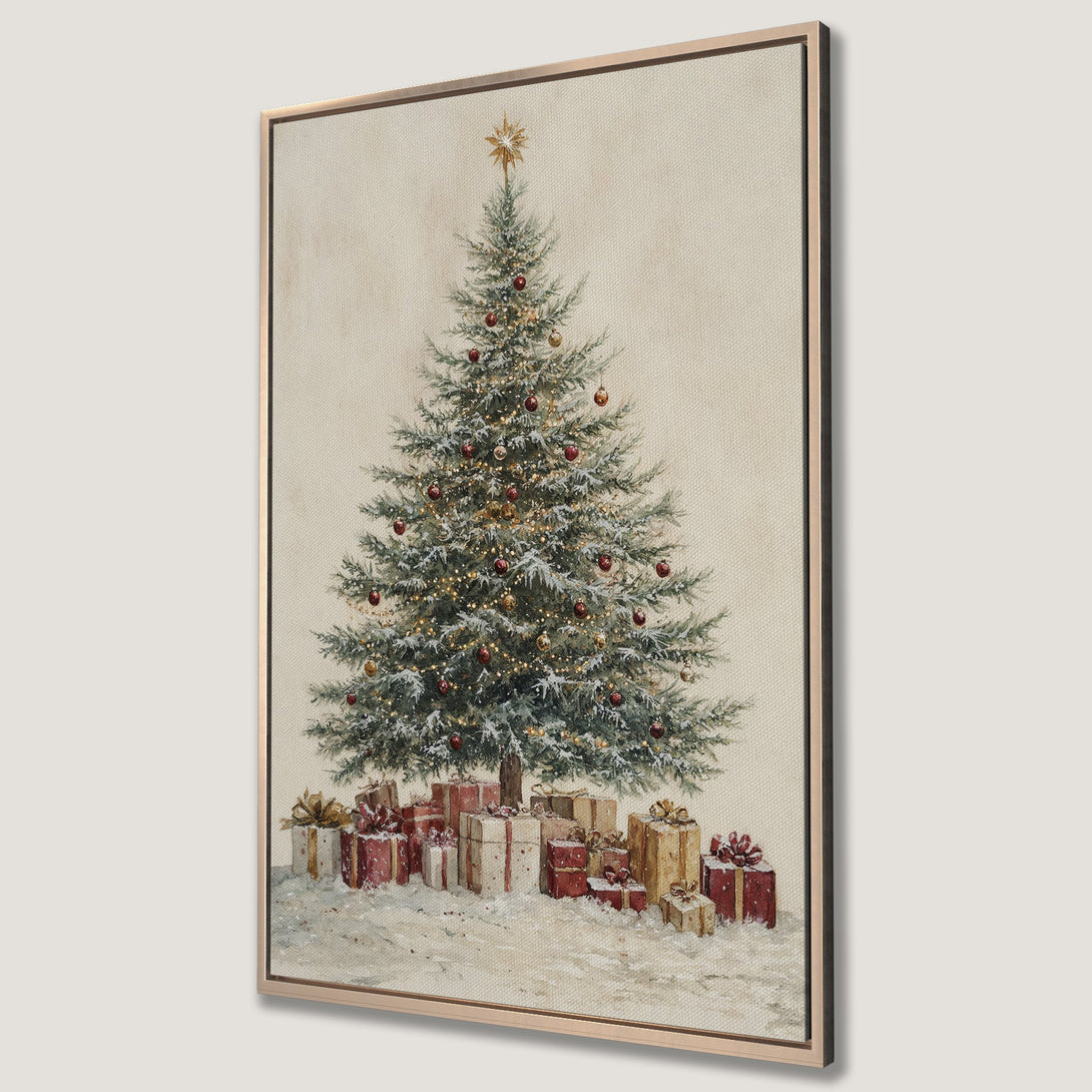Framed Wall Art featuring a festive Christmas tree with gifts. Watercolor style with a warm, neutral color palette. Perfect holiday decor for your home.