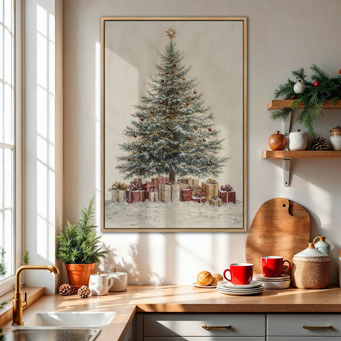 Framed Wall Art: Cozy Christmas tree painting in a neutral kitchen. Rustic style with warm red, green, and gold tones. Perfect holiday decor!