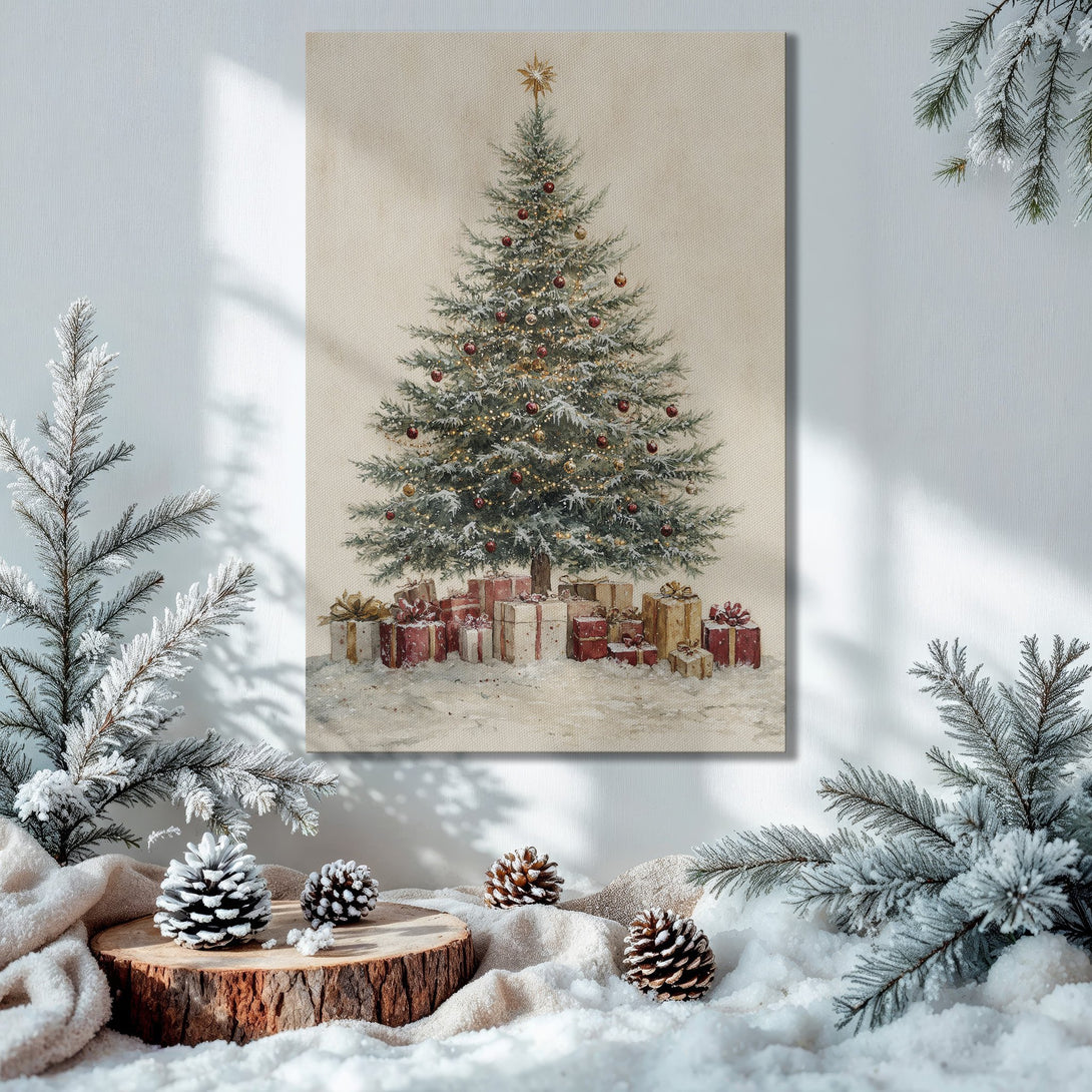 Framed Wall Art: Watercolor Christmas tree art with a gold frame. Festive, warm tones of green, gold, and red. Perfect holiday decor.