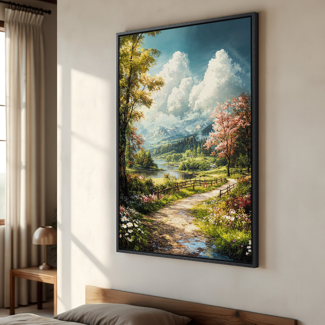 Framed Wall Art: Scenic landscape Canvas Print with vibrant colors and a path leading to a lake. Perfect for adding a touch of nature to your home.