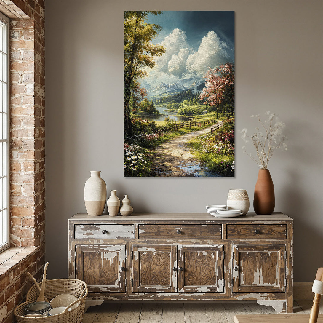 Framed Wall Art of a serene landscape with a path, in a dining room. Warm color palette with greens, blues, and yellows. Canvas Print for home decor.
