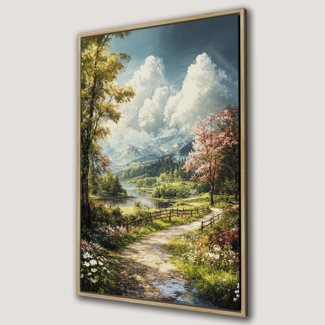 Framed Wall Art Canvas Print of a serene landscape with a path leading through a vibrant green and floral scene, featuring a soft, natural color palette.