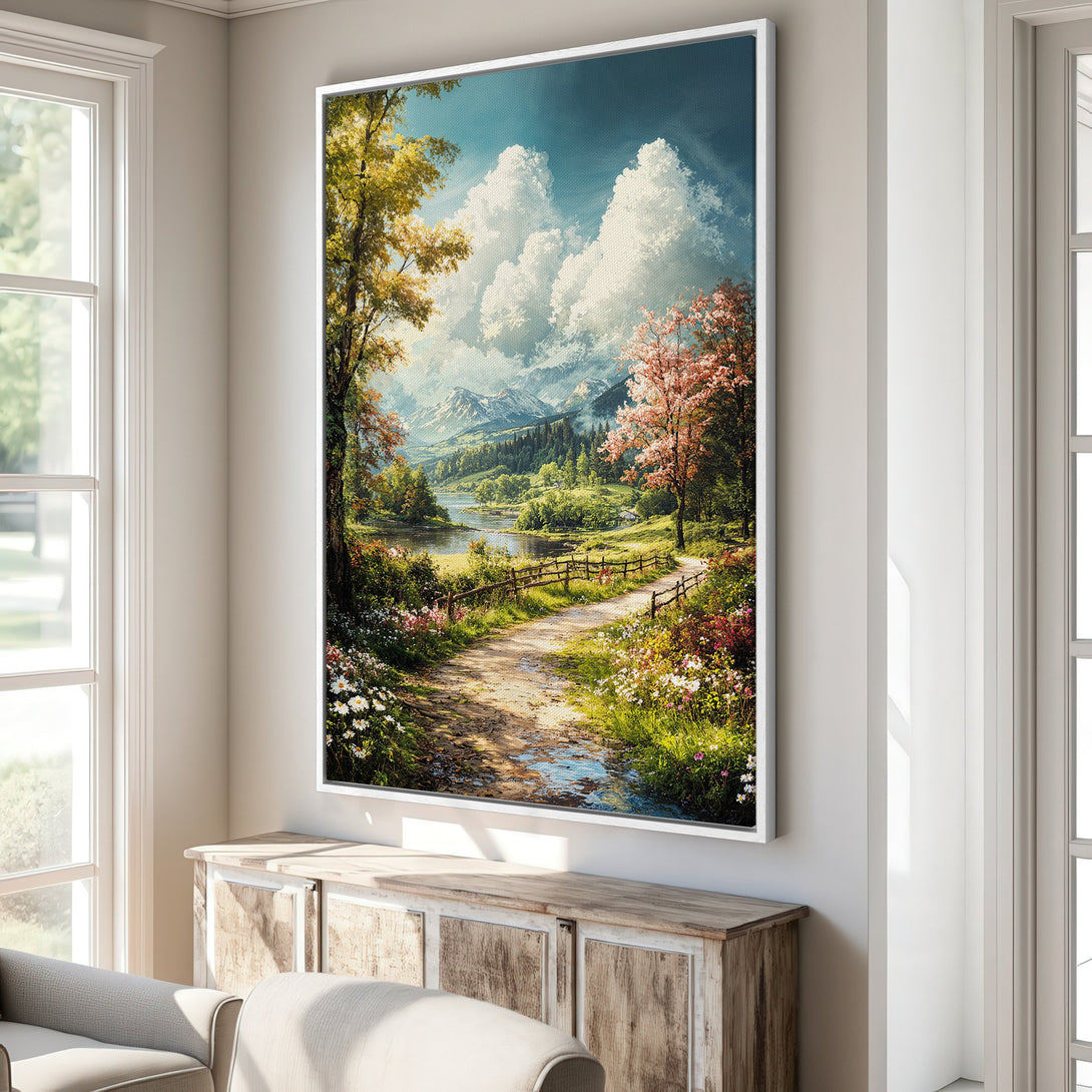 Framed Wall Art: Scenic landscape Canvas Print with a path leading to mountains. Warm, natural color palette with greens, blues, and yellows. Perfect for home decor.