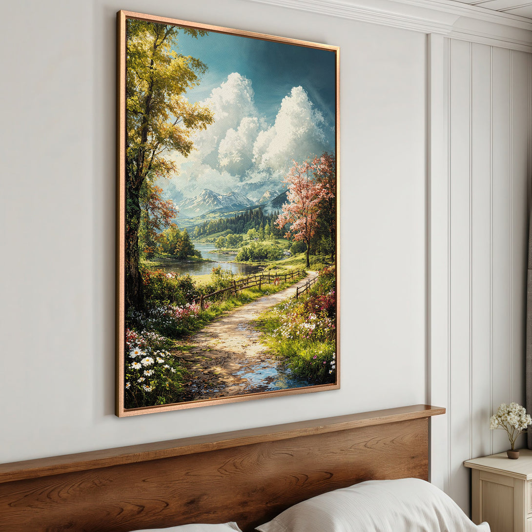Framed Wall Art: Landscape painting with a path leading to a lake, mountains, and blue sky. Warm color palette, perfect for home decor.
