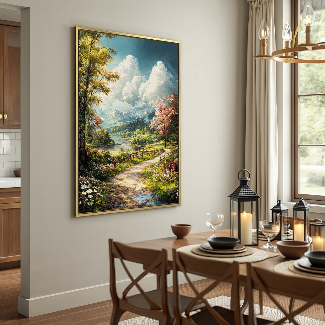 Canvas Print of a scenic landscape painting with a path, river, and mountains. Warm, inviting color palette. Perfect wall art.