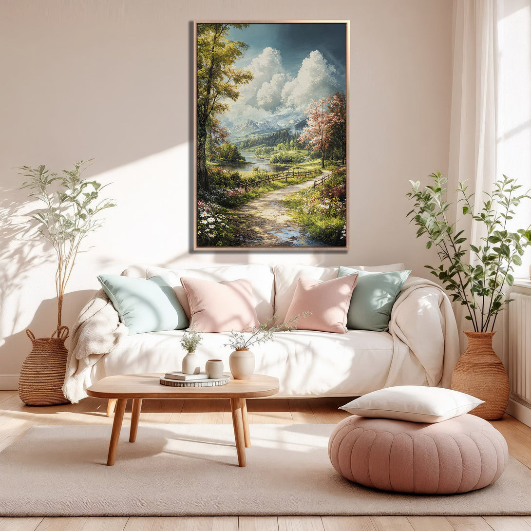 Framed Wall Art: Landscape painting in a warm color palette. Perfect for adding a touch of nature and serenity to your living room decor.