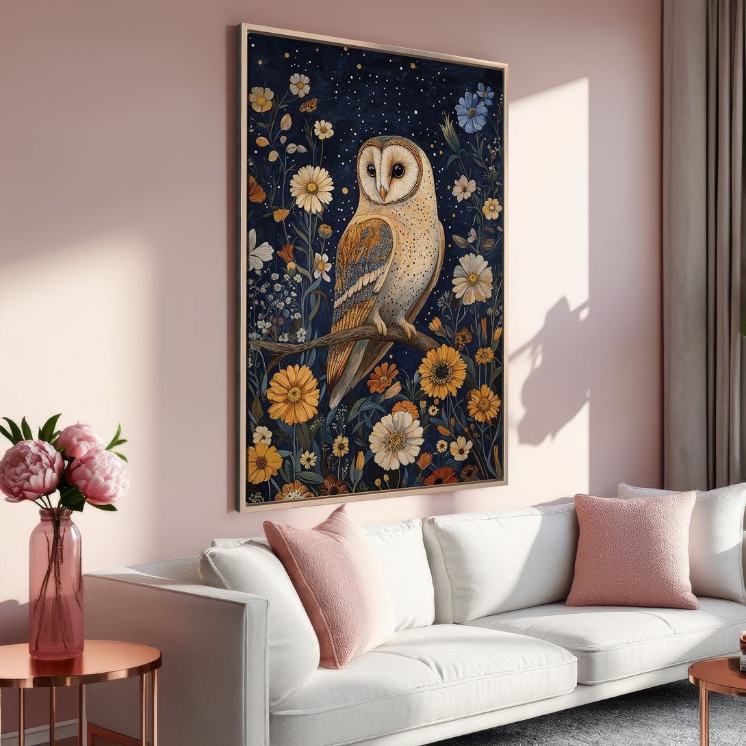 Framed Wall Art: Owl Canvas Print in a floral style, featuring a dark blue background and warm yellow and orange tones. Perfect for home decor.