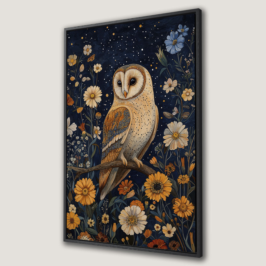 Framed Wall Art: Stunning barn owl print with floral details in a vintage style. Featuring a rich blue, gold, and cream color palette. Perfect for adding a touch of nature.