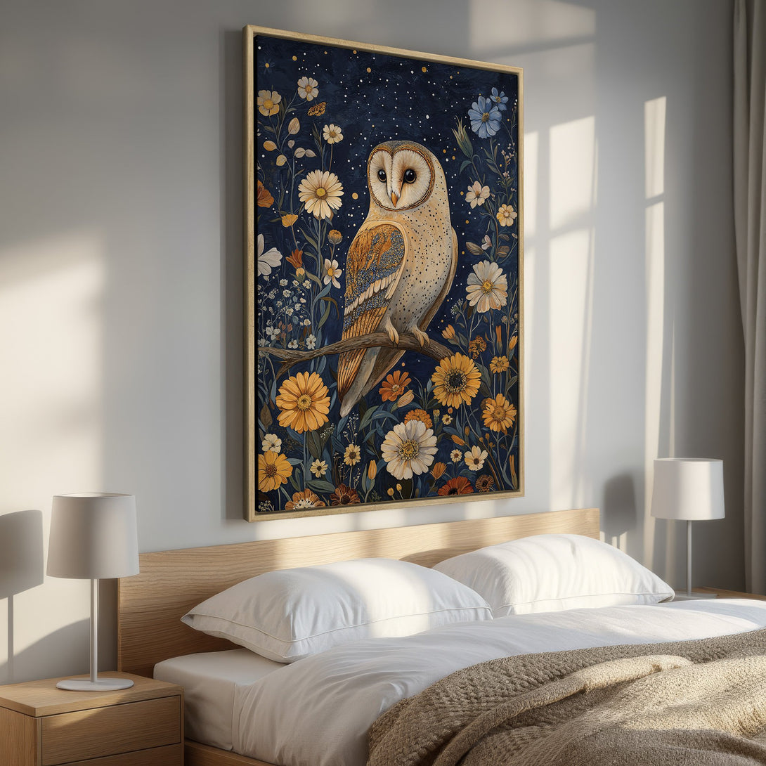 Framed Wall Art featuring a beautiful owl and floral design in a dark blue, yellow, and cream color palette. Perfect for adding a touch of nature to your bedroom.