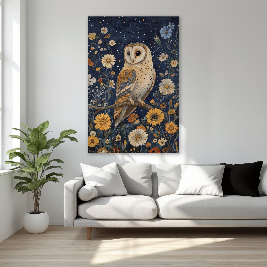 Framed Wall Art featuring a majestic owl in a floral garden, with a rich navy and gold color palette. Perfect for adding elegance to any room.