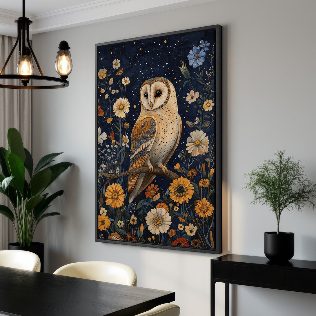 Framed Wall Art: Owl Canvas Print in a dark blue floral design with warm yellow and orange accents. Perfect for adding a touch of nature and style to your home.