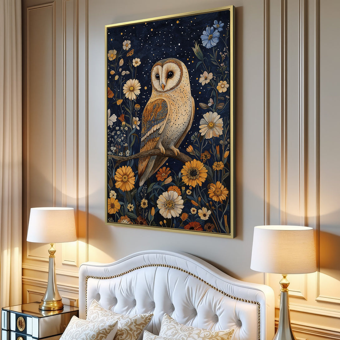 Canvas Print featuring an owl in a floral, whimsical style. Dark blue background with yellow and white flowers. Adds a touch of nature to any room!