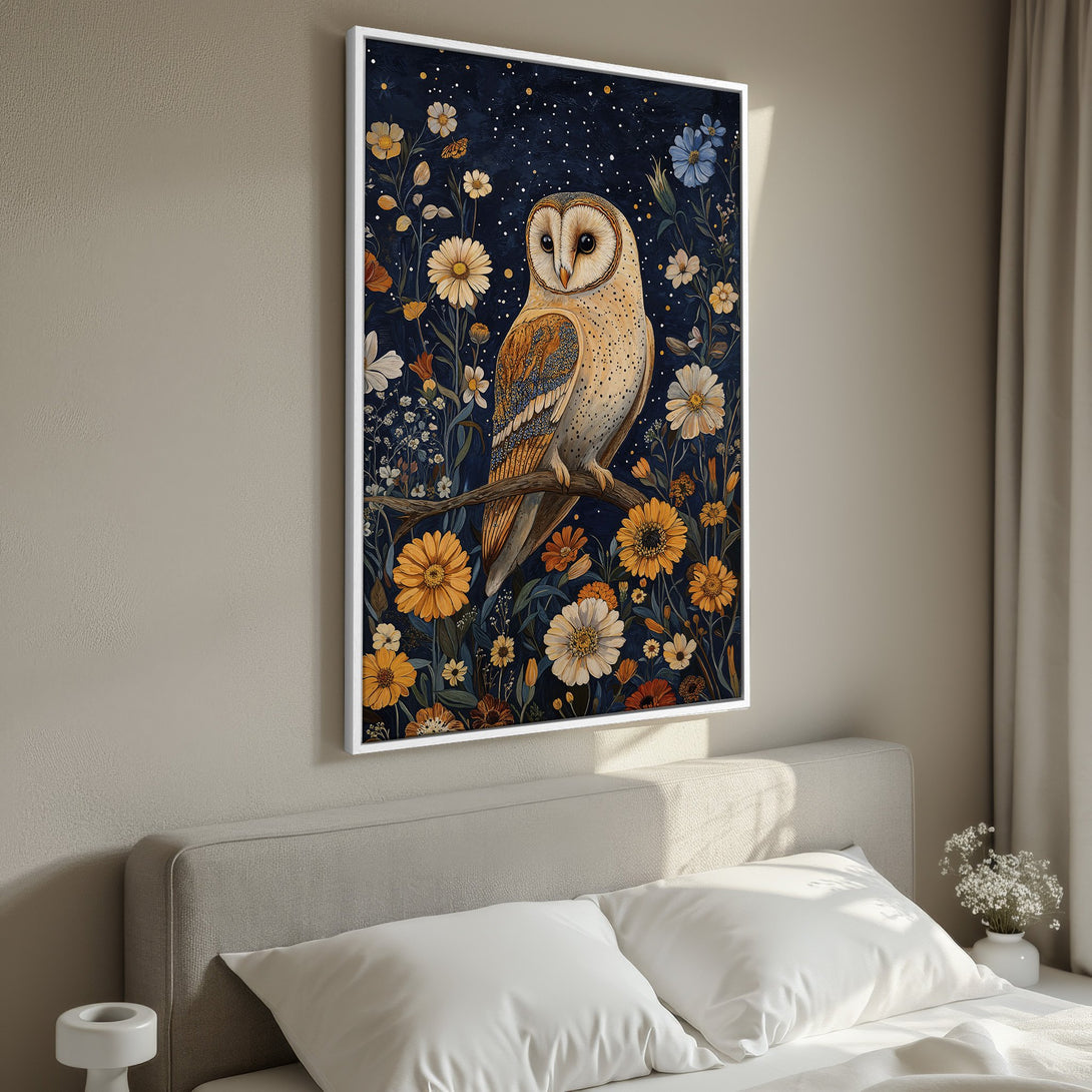 Framed Wall Art featuring an owl in a floral garden, with a dark blue background and warm yellow/orange hues. Perfect for bedroom decor.