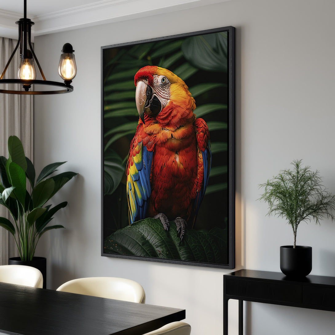 Framed Wall Art featuring a vibrant macaw parrot. Tropical-inspired art with a rich red, yellow, and green color palette. Perfect for adding a pop of color!