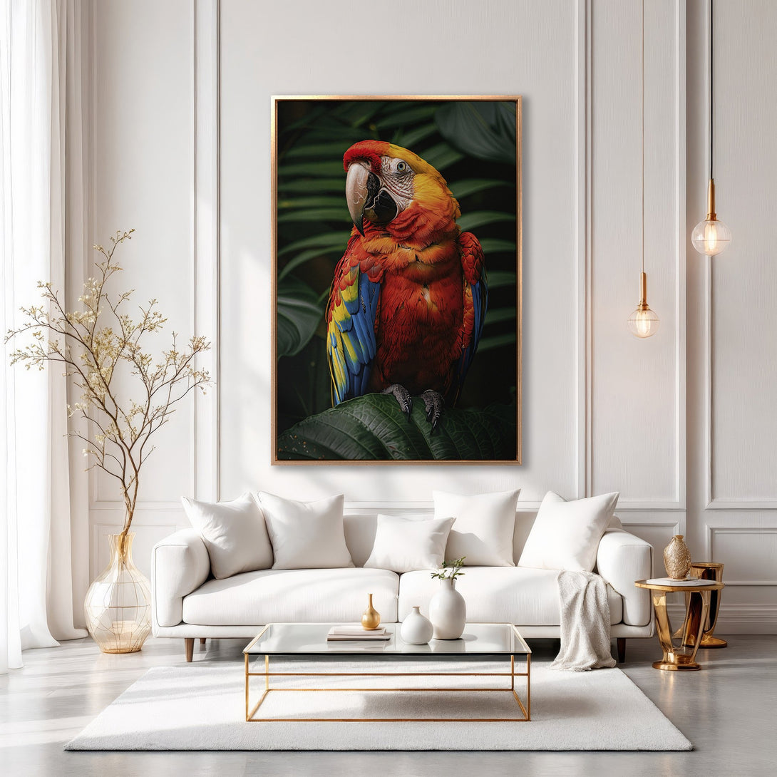 Framed Wall Art: Vibrant macaw canvas print in a modern living room. Features a colorful bird against lush green with a warm, inviting color palette.