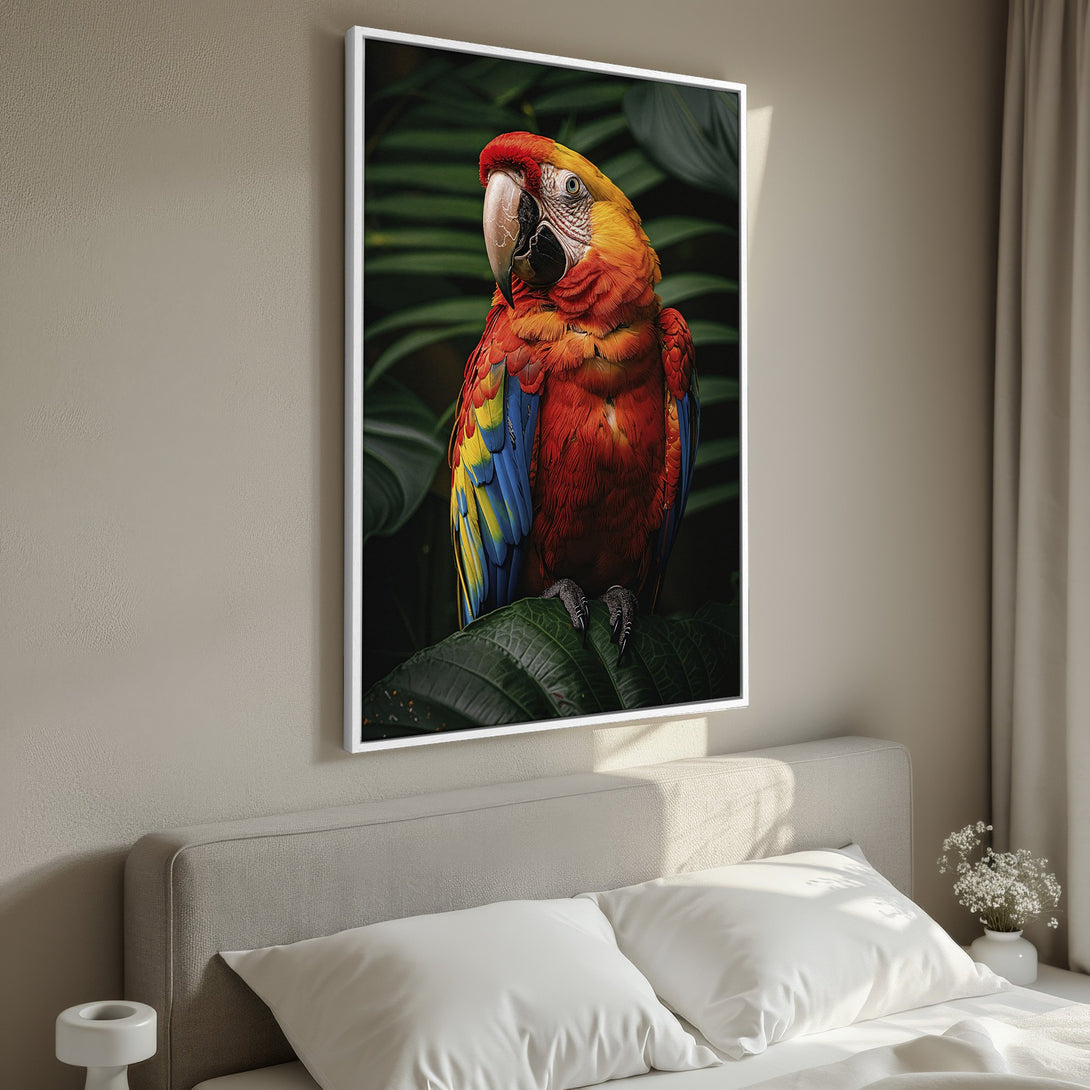 Framed Wall Art of a vibrant macaw parrot, featuring a tropical color palette of red, yellow, and blue against a lush green backdrop. Perfect for adding a pop of color!