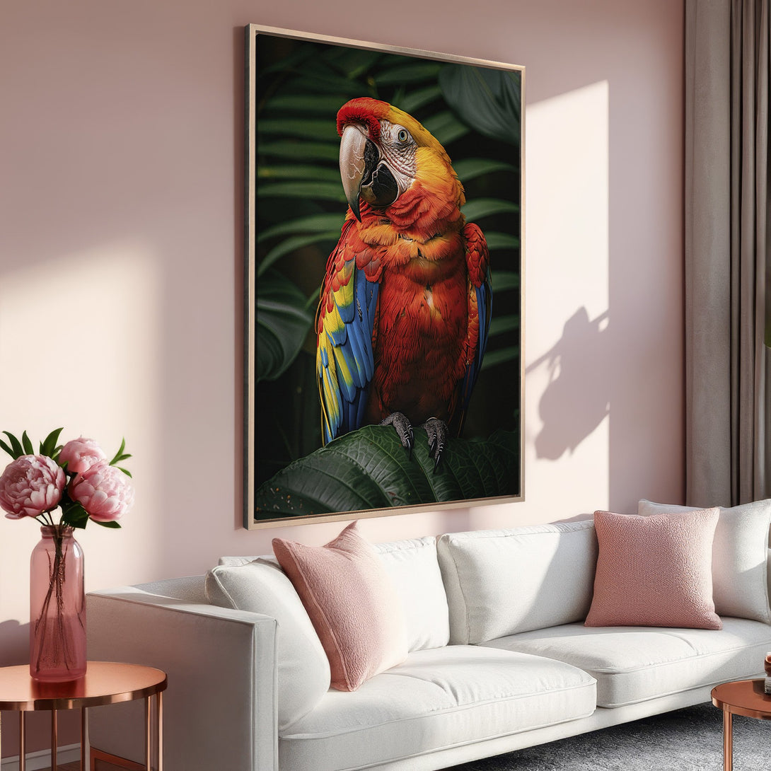Framed Wall Art featuring a vibrant parrot in a lush jungle setting. Adds a pop of color with a warm palette of red, yellow, and green to any space.