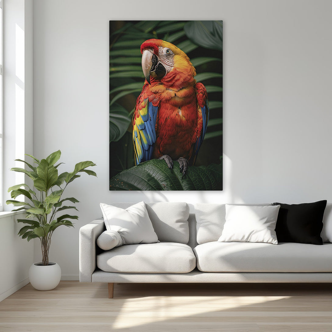 Framed Wall Art featuring a vibrant parrot in a tropical setting. The Canvas Print boasts a rich red, yellow, and blue color palette, perfect for adding a pop of color.