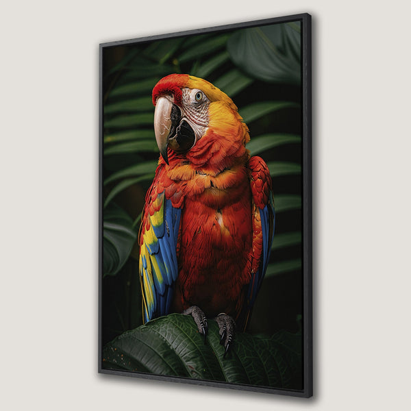 Framed Wall Art: Vibrant parrot canvas print. Tropical bird art with red, yellow, and blue hues against a lush green background. Perfect for adding color to your space.