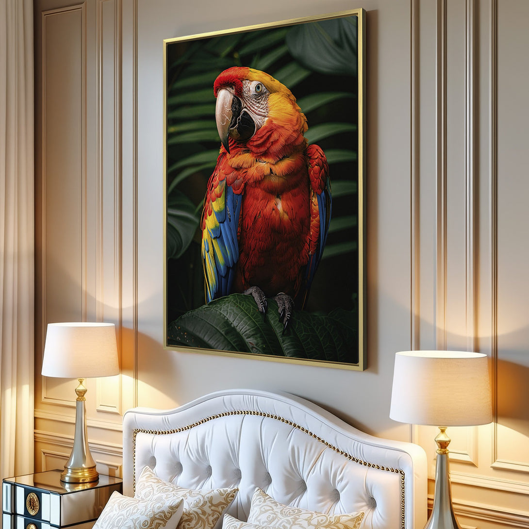 Canvas Print featuring a vibrant macaw in a tropical setting. Bold red, yellow, and blue colors pop against lush green foliage. Perfect wall art for your home!