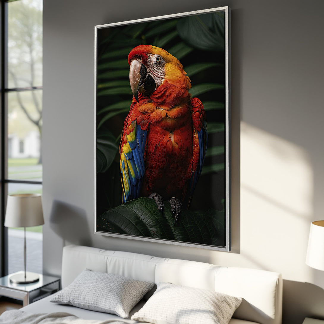 Framed Wall Art: Vibrant macaw parrot print in a modern interior. Rich red, yellow, and blue colors pop against a dark green background. Perfect for any room!