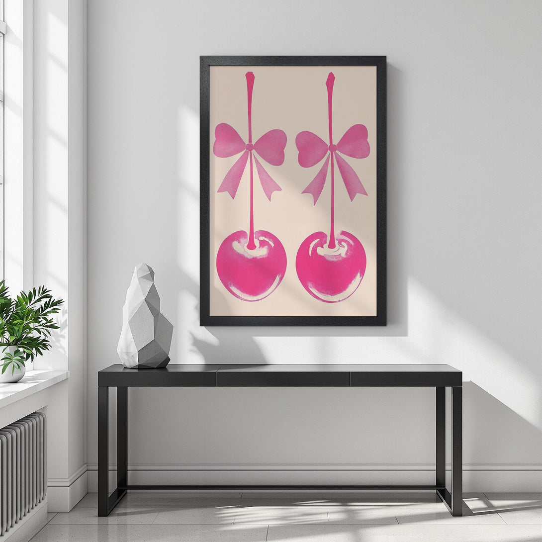 Framed Poster featuring pink cherries with bows. Pop art style, vibrant color palette. Perfect wall art for your home!