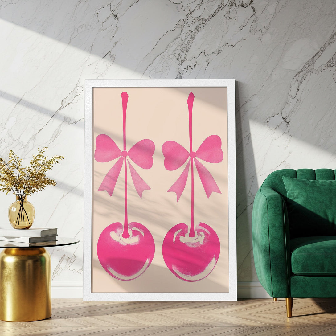 Framed Poster featuring pink cherries with bows, a pop art style, and a vibrant pink and neutral color palette. Perfect wall art!
