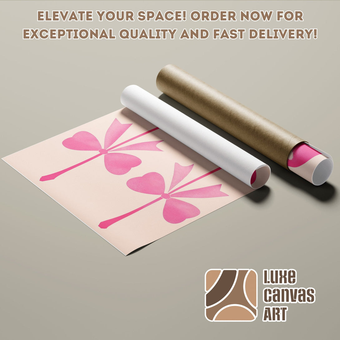 Poster Roll with pink bow design, minimalist style, and soft pink color palette. Elevate your space with Luxe Canvas Art!