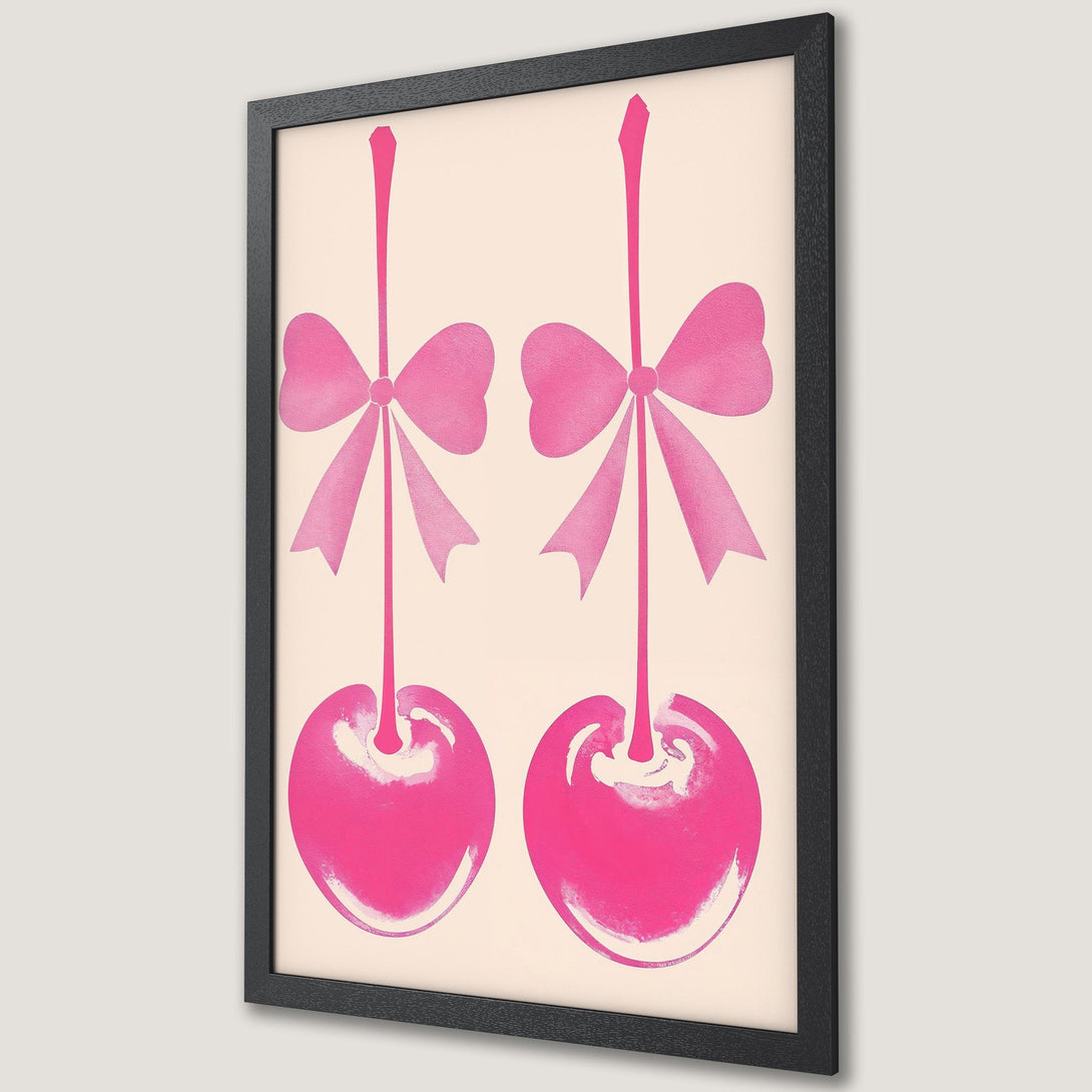 Framed Poster featuring pink cherries with bows on a neutral background. Pop art style, perfect for adding a touch of fun to your space.