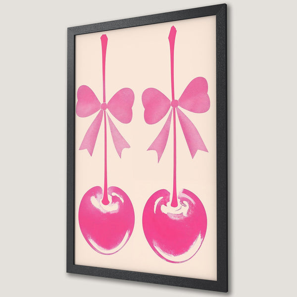 Framed Poster featuring pink cherries with bows on a neutral background. Pop art style, perfect for adding a touch of fun to your space.