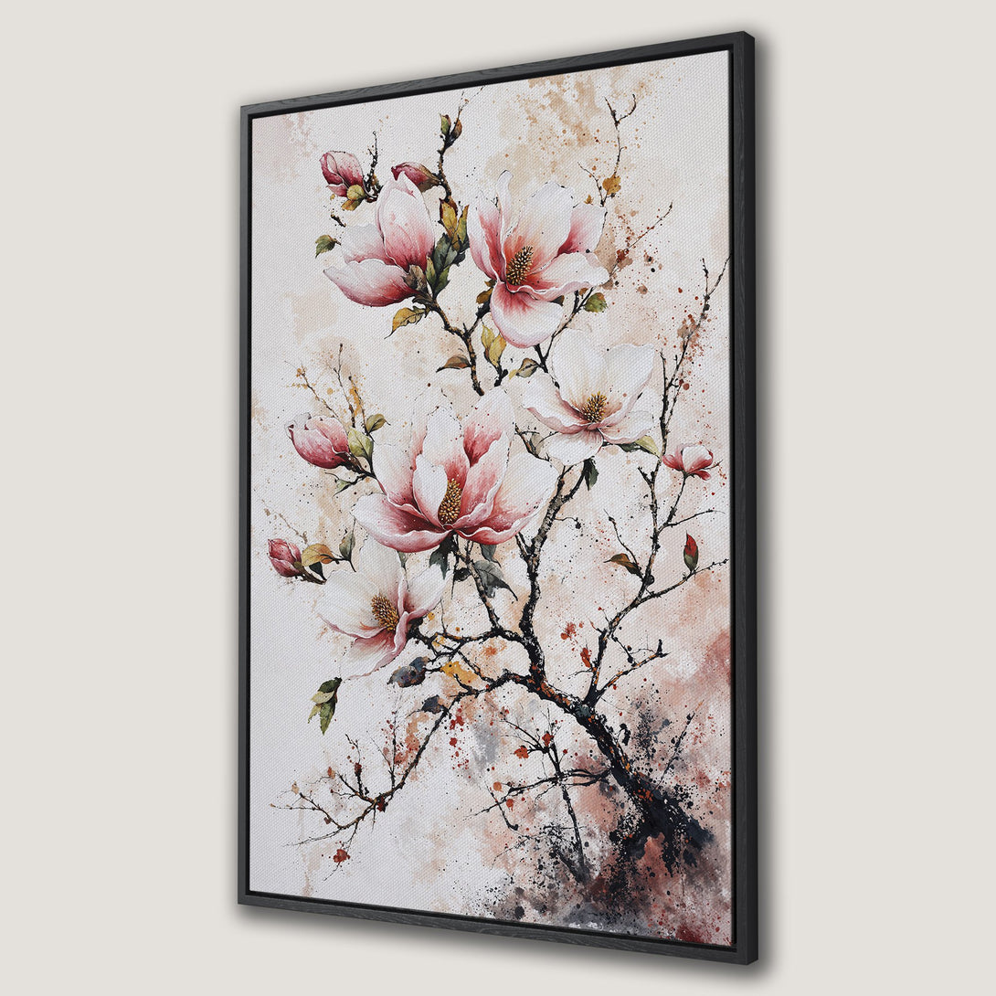 Framed Wall Art: Watercolor floral Canvas Print with pink magnolia blossoms. Elegant, artistic style with a soft, neutral color palette for a serene home decor.