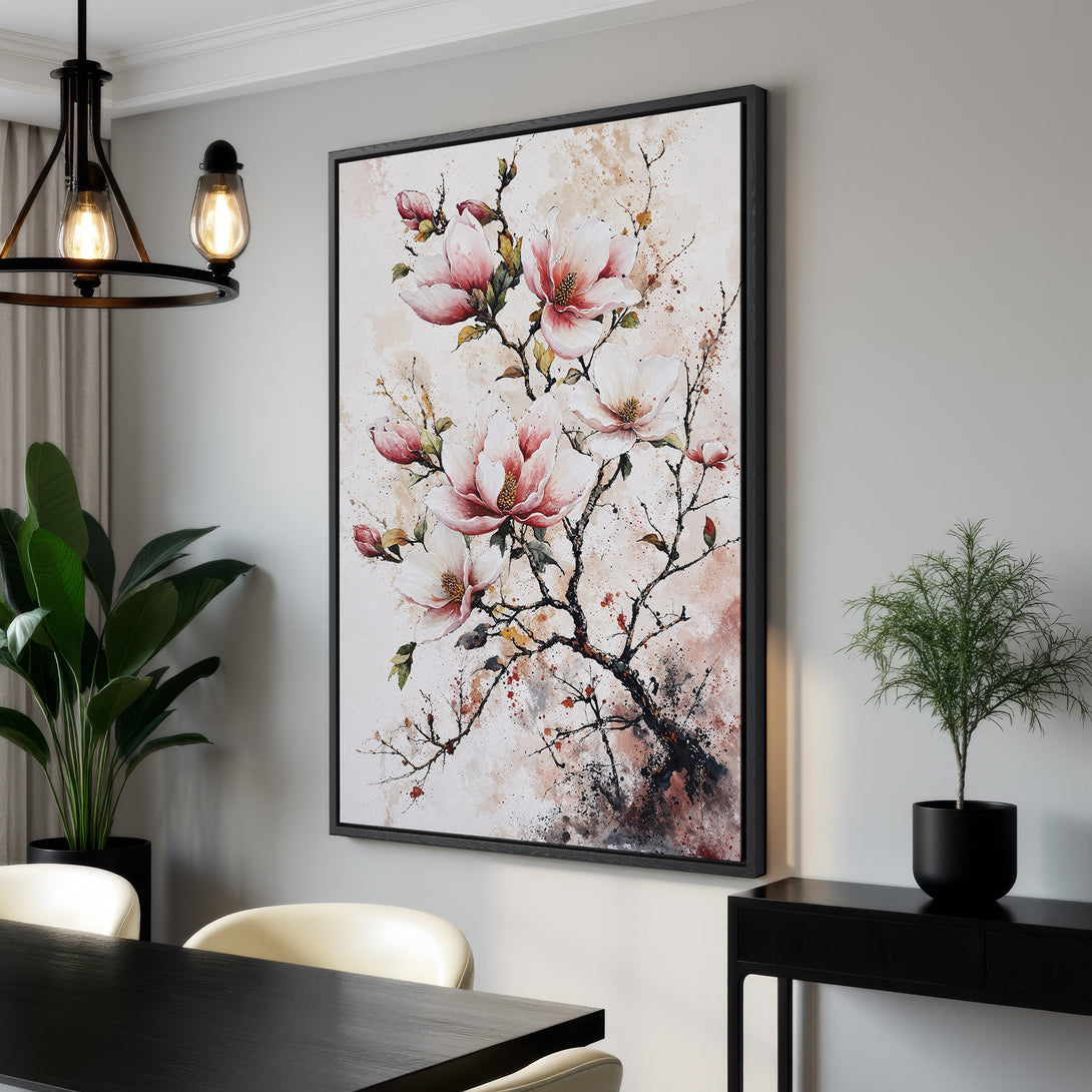 Framed Wall Art featuring watercolor magnolia blossoms in pink and white. Elegant floral Canvas Print with neutral color palette, perfect for home decor.