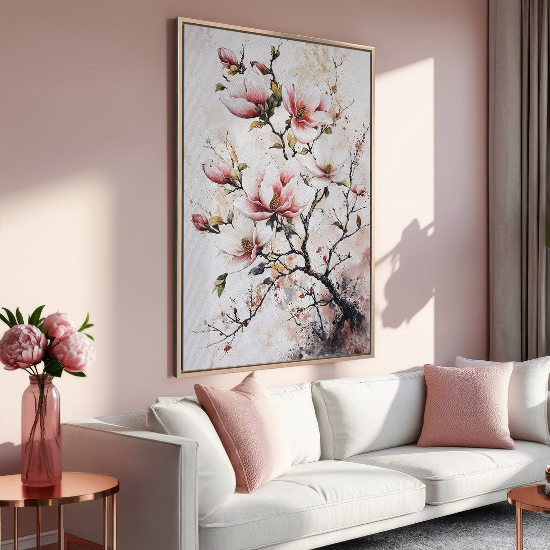 Framed Wall Art featuring watercolor magnolia blossoms in a blush and neutral color palette, perfect for adding a touch of elegance to any space.