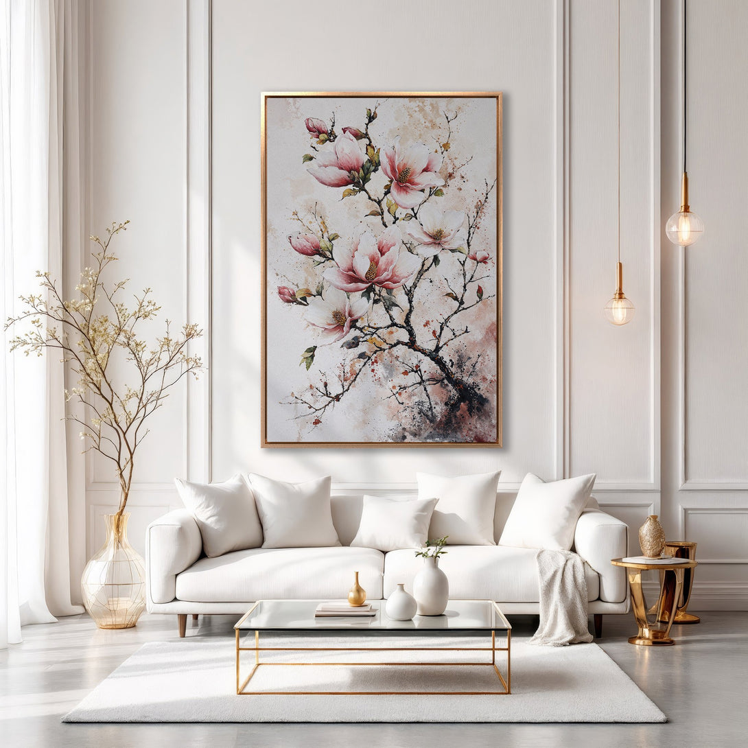 Framed Wall Art: Watercolor magnolia blossoms in pink & cream tones. Elegant floral art for modern interior decor.
