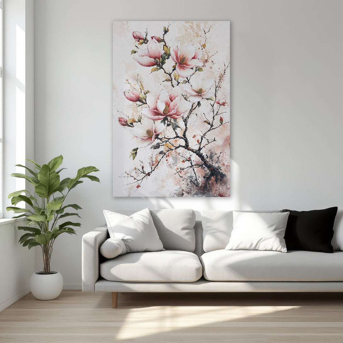 Framed Wall Art: Watercolor-style floral print in soft pinks and neutrals. Elegant bedroom decor with a touch of nature. Perfect for adding a touch of sophistication.