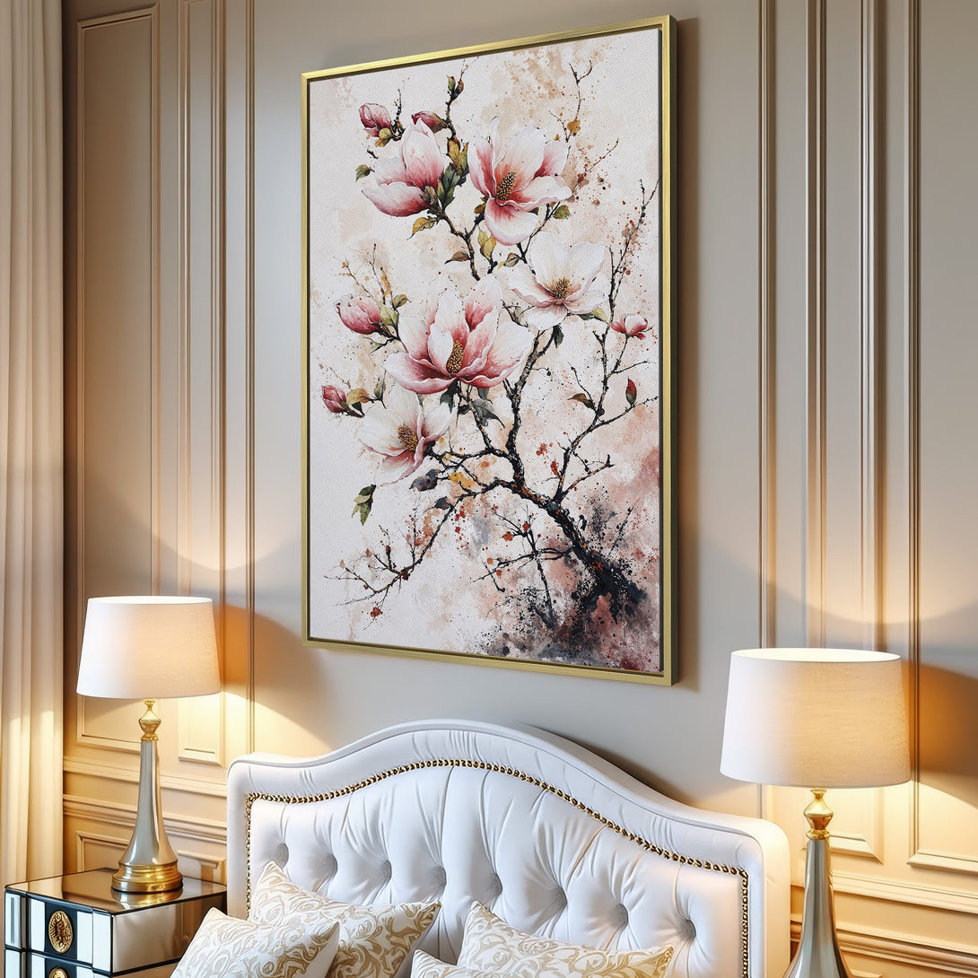 Canvas Print of watercolor magnolia flowers in a soft pink and neutral palette, perfect for adding a touch of elegance to any space.