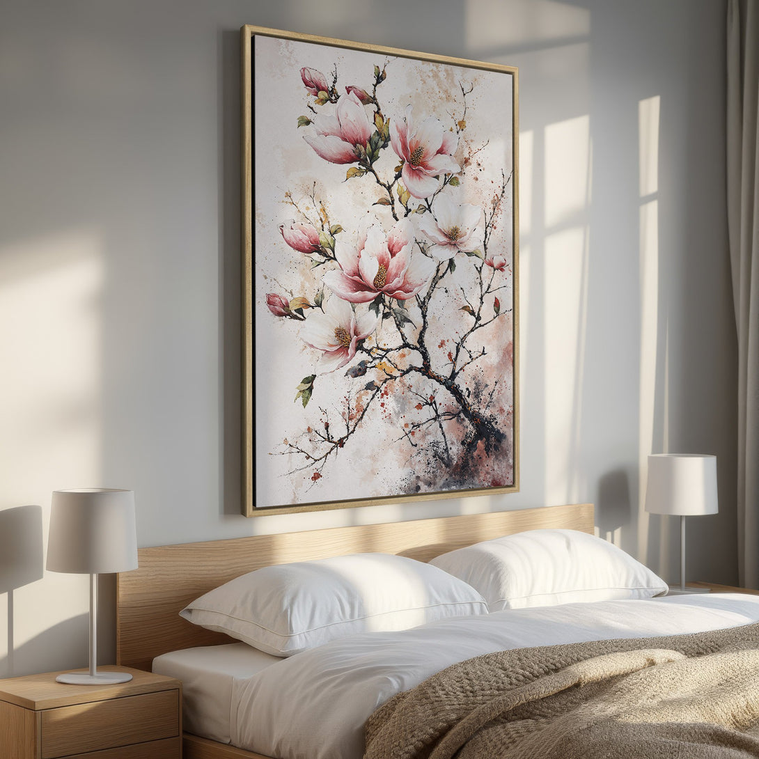 Framed Wall Art featuring a watercolor magnolia branch in pink and white. Perfect for adding a touch of elegance to your bedroom decor.
