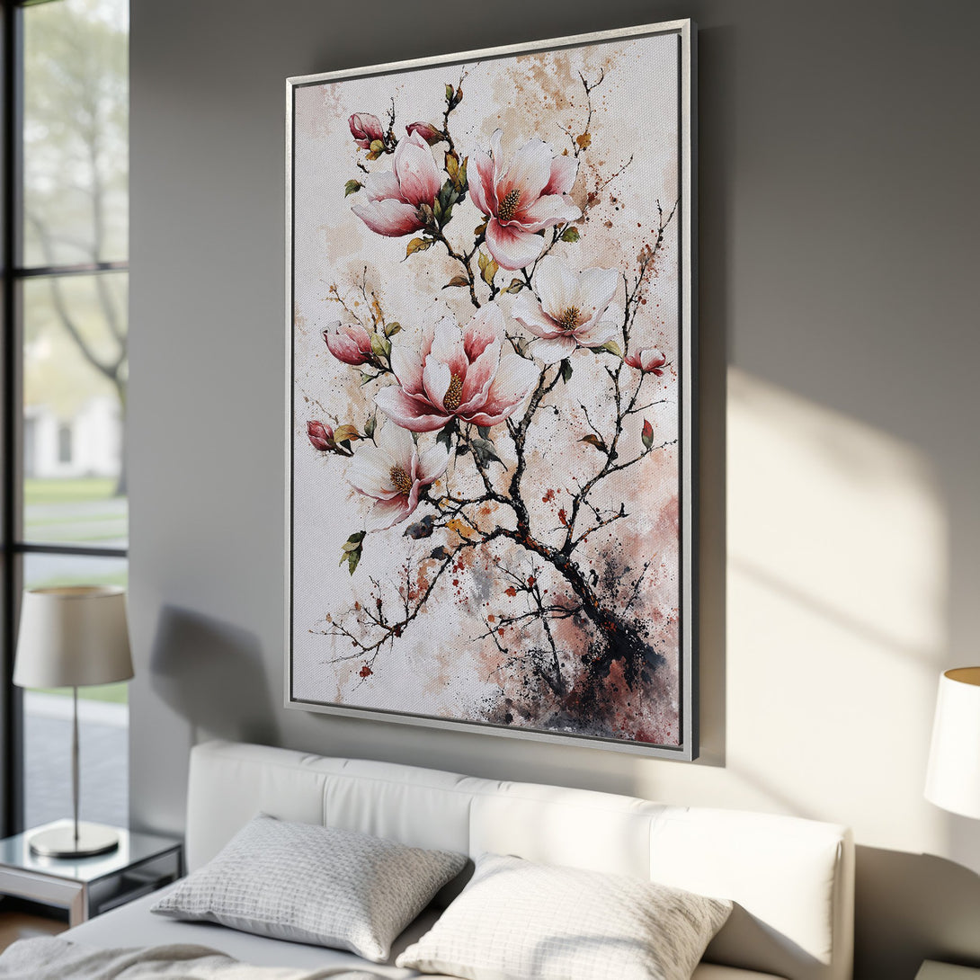 Framed Wall Art featuring watercolor magnolia blossoms in soft pink and white tones. Elegant floral art for bedroom decor.