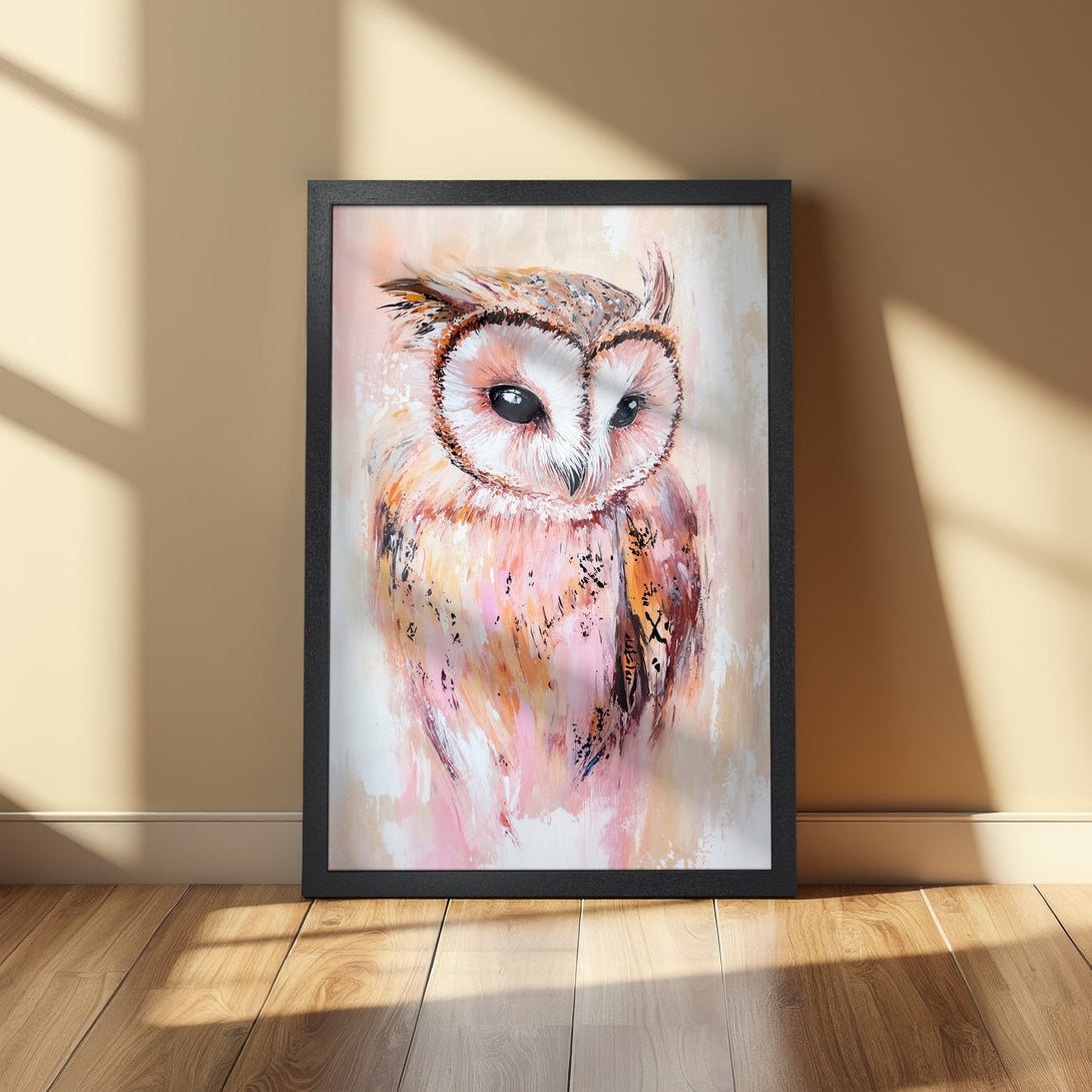 Framed Poster of an owl. Abstract style, warm pink and orange palette. Perfect wall art for your home.