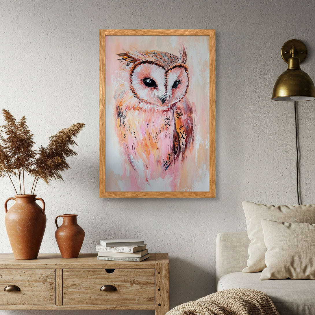 Framed Poster featuring an owl in an abstract style with a pink and orange color palette, perfect wall art for your home decor.