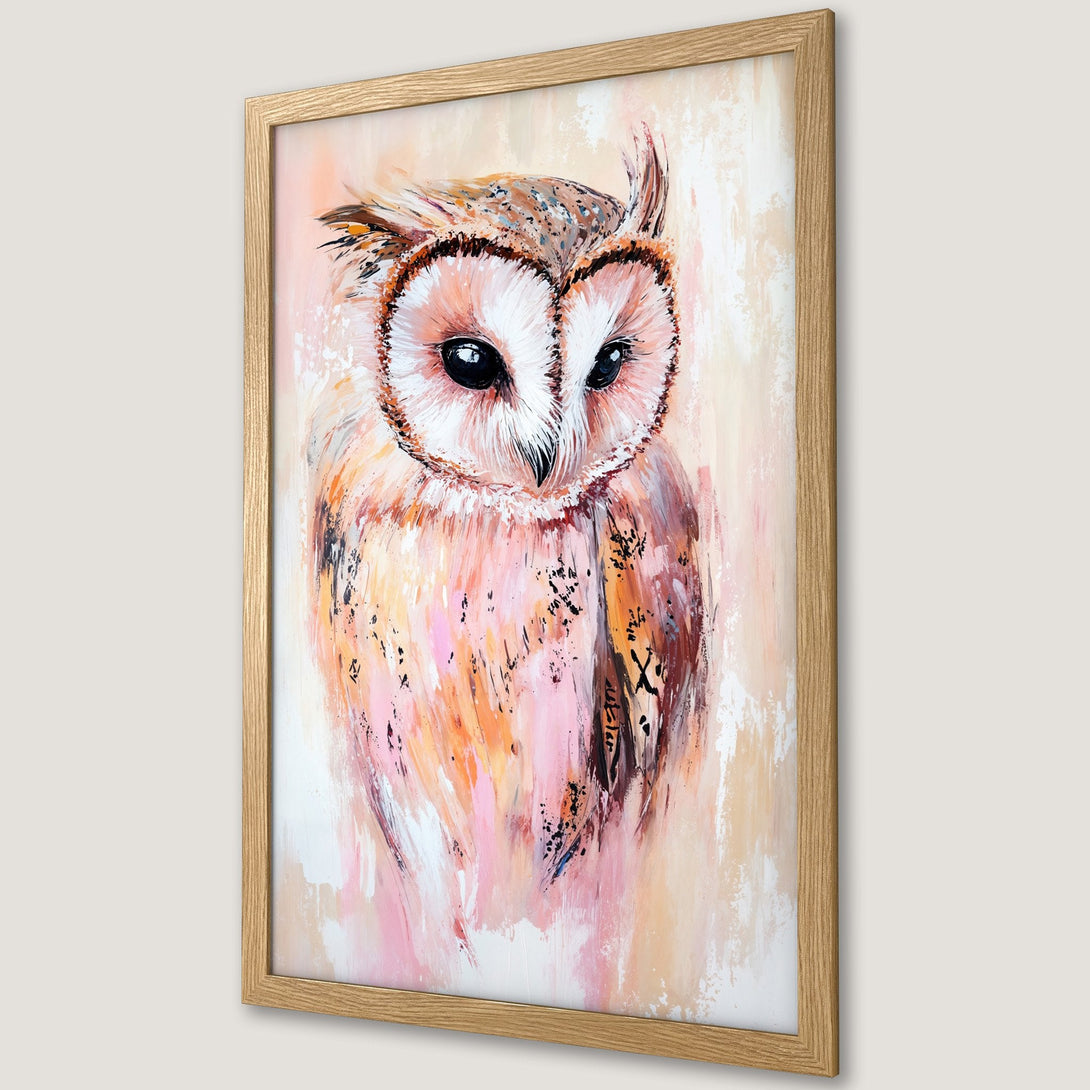Framed Poster of an owl in an abstract style with a soft pink, orange, and beige color palette. Perfect wall art!