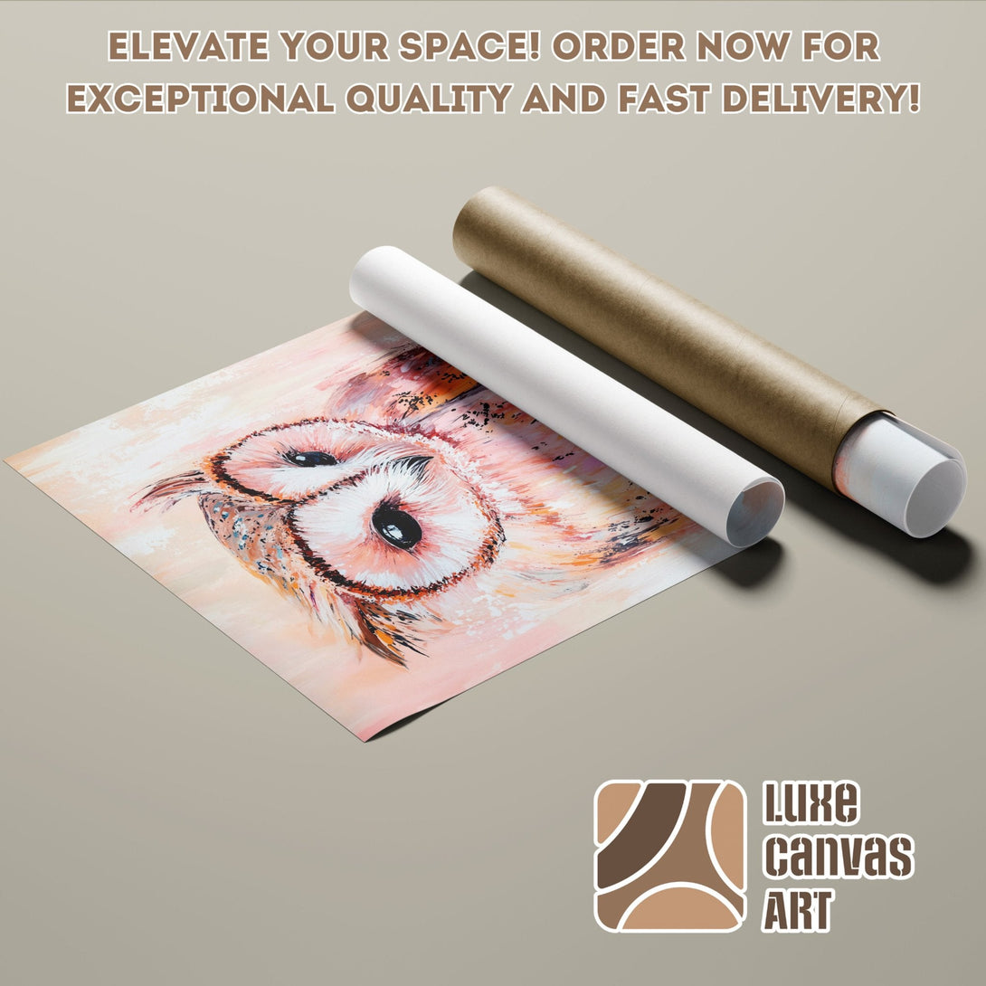 Owl art poster roll with warm peach and brown tones. Elevate your space with this stunning poster! Order now!