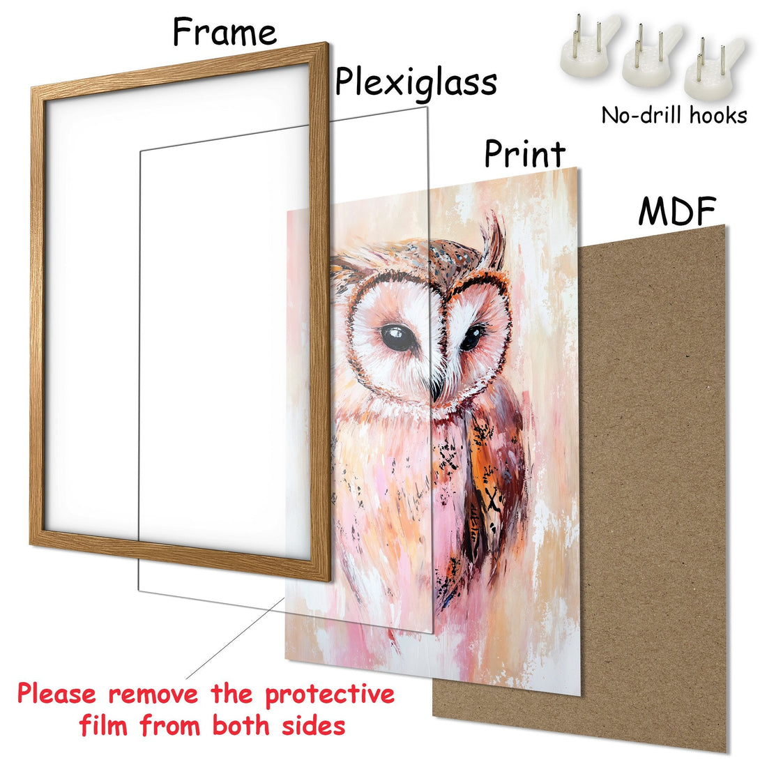 Framed Poster featuring an owl painting in warm, earthy tones. Modern art style, perfect for home decor.