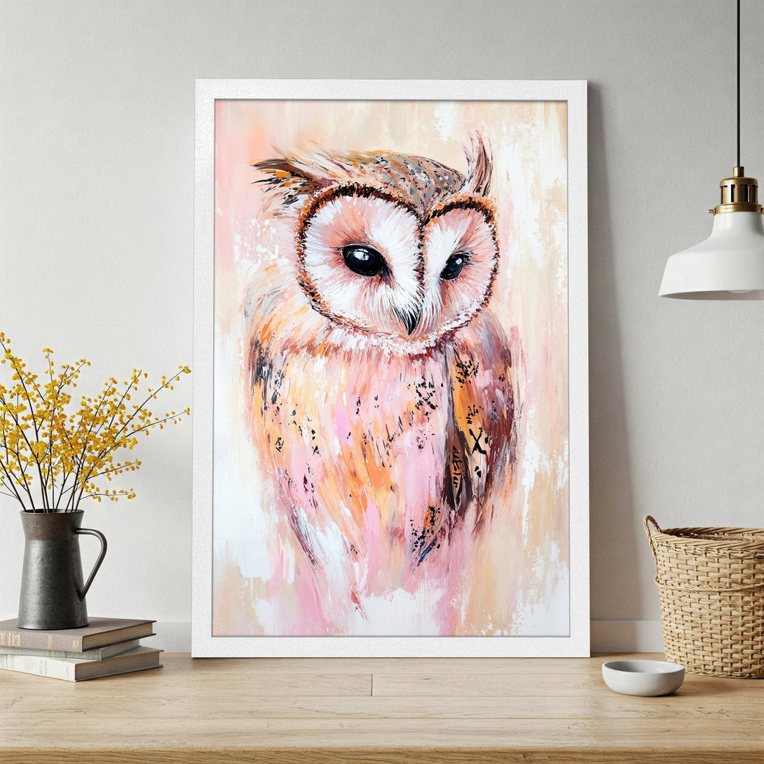 Framed Poster of an owl in a modern, painterly style with a warm pink and orange color palette. Perfect wall art for any room.