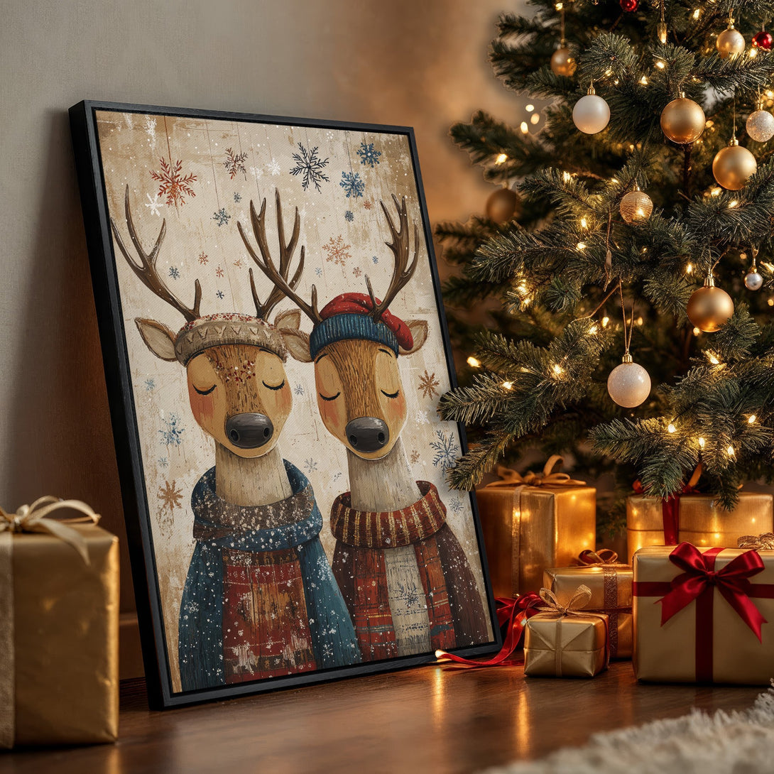 Framed Wall Art featuring adorable deer in winter attire, warm color palette, perfect for Christmas decor. Add cozy charm to your home!