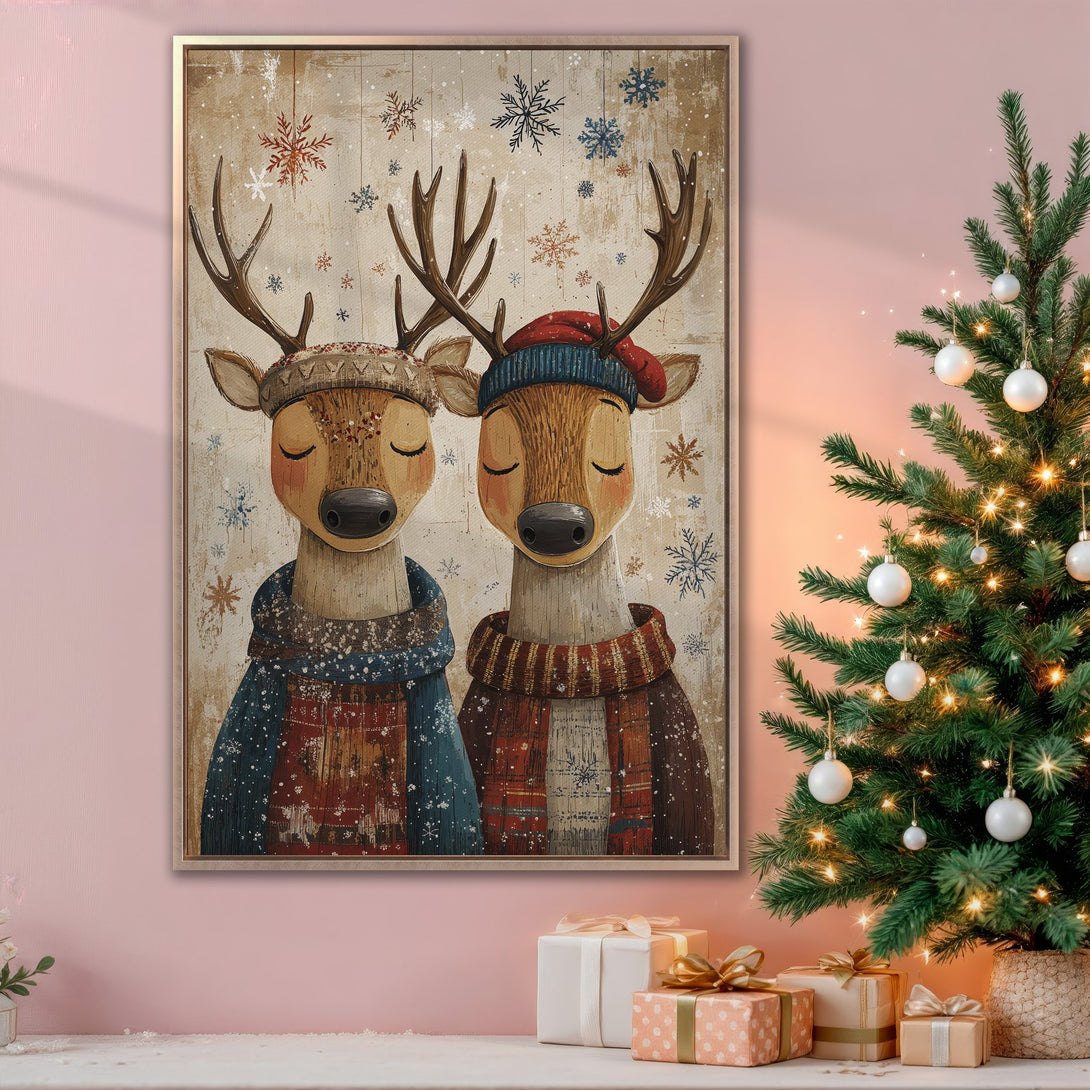Framed Wall Art: Adorable Christmas deer illustration in cozy winter style. Warm, earthy tones with pops of blue and red. Perfect holiday decor!