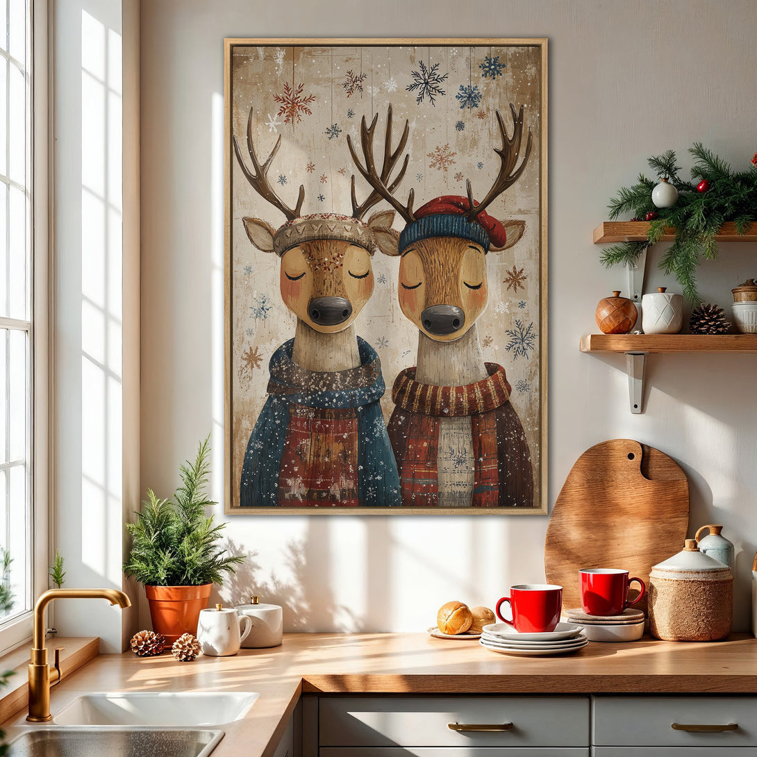 Framed Wall Art: Adorable deer couple in cozy winter attire. Rustic style with a warm, neutral color palette. Perfect for adding charm to any space!