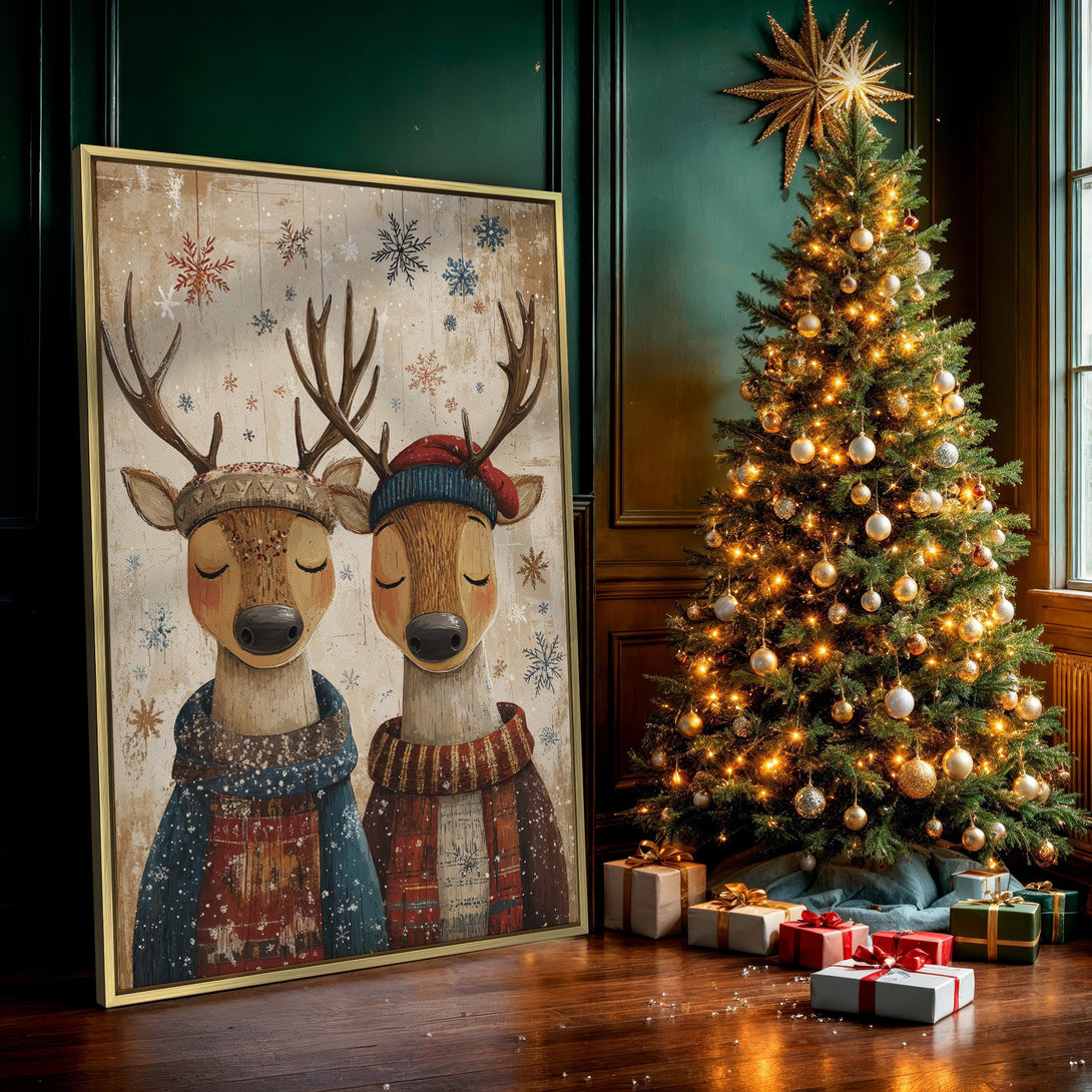 Canvas Print of adorable winter deer in cozy sweaters, warm color palette, perfect for Christmas decor.